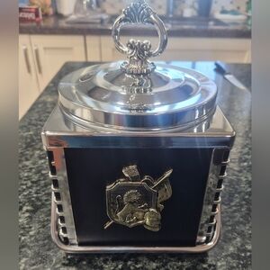 Ornate Silver and Black Medieval Ice Bucket with Gold Emblems